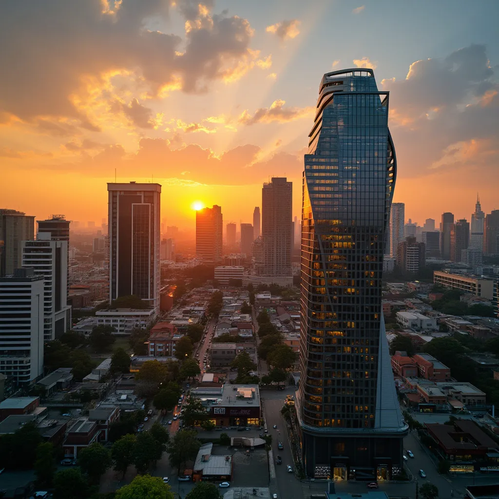 Nigerian financial district skyline at sunset