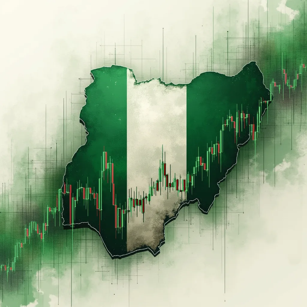 Close up of stock market charts with Nigerian flag